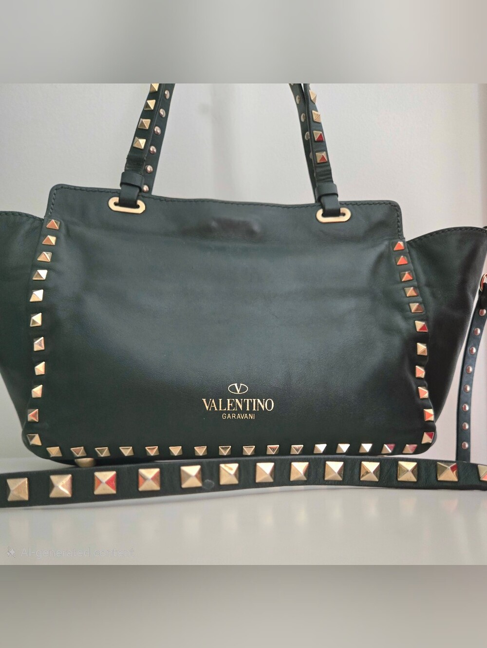 Authentic Valentino Emerald Green Leather Med Rockstud Tote Bag, Strap & Dustbag